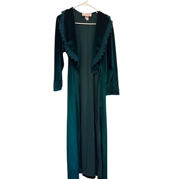 Vintage Sophia Morgan Teal Velvet Robe Long Belted Lounge Gown Lace Trim Small - Picture 1 of 5